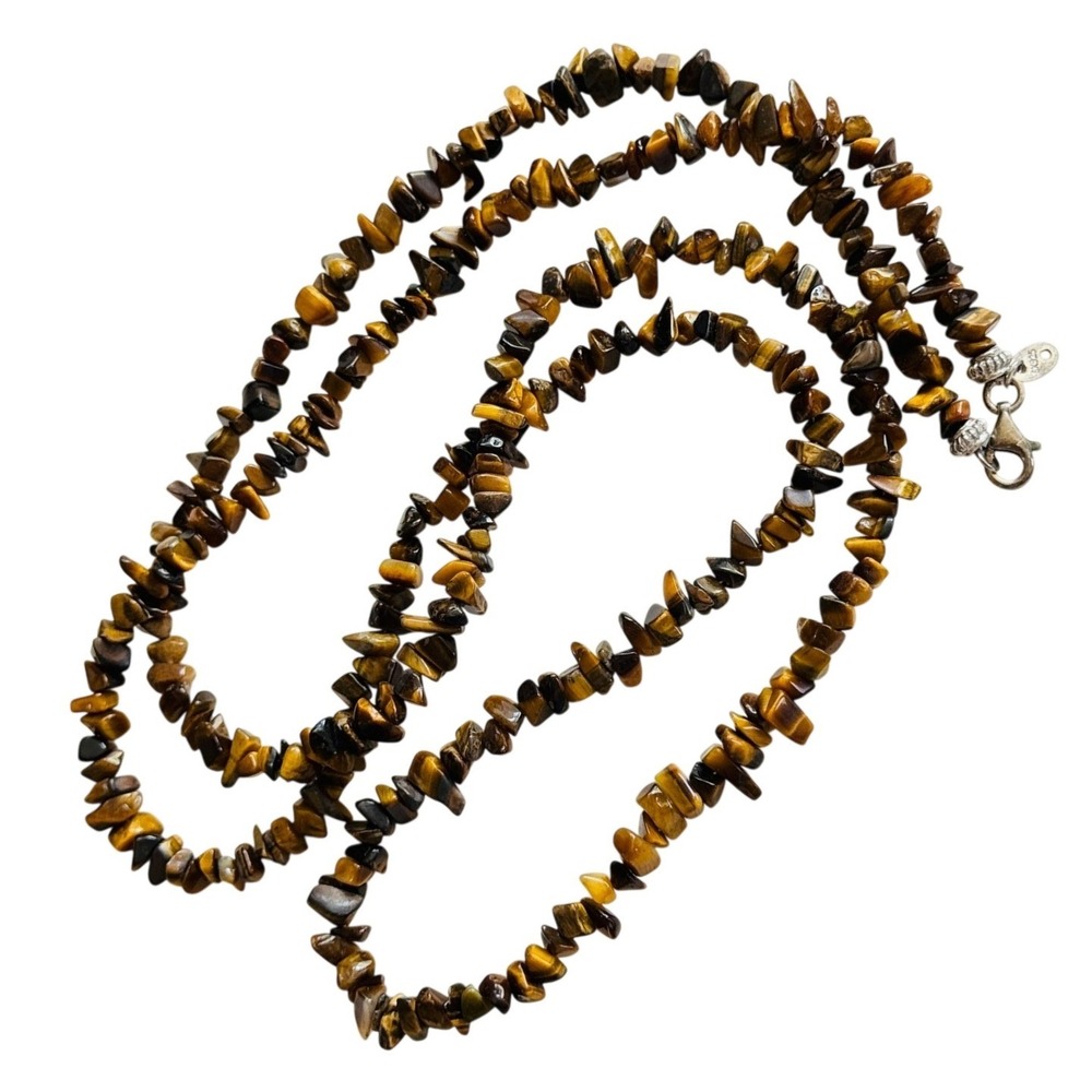 SX Sally C tigers eye‎ chunk beads Necklace BOHO strand 925 sterling silver 40"L